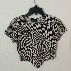 Just Polly Abstract Brown White Graphic Crop Top S XS Y2K